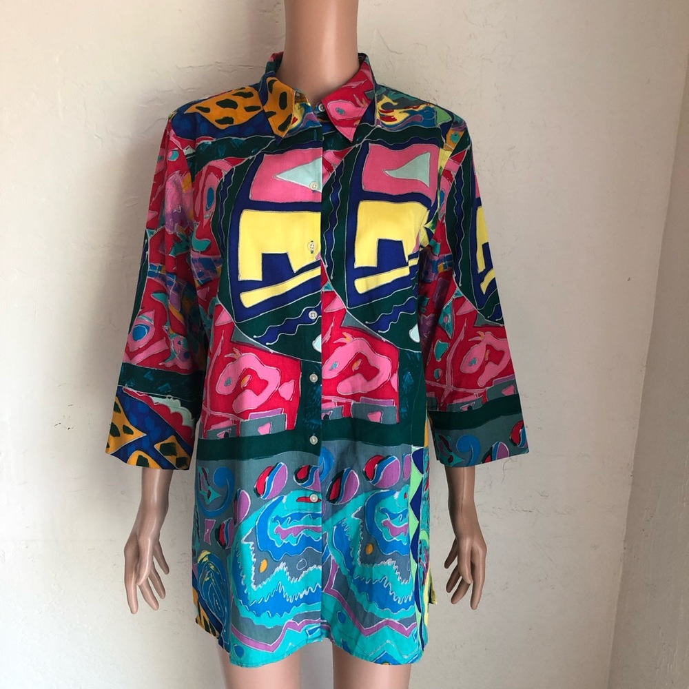 LAUREN Ralph Lauren Vibrant Abstract Print Button-Up Tunic Women’s Size L Shirt